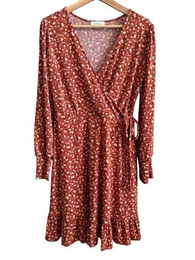 Kaileigh Dress Women Sz M Faux Wrap Rust White Floral V Neck Long Slv Ruffle Hem